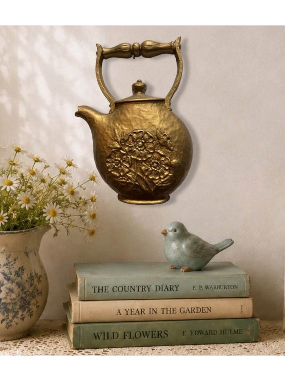 Vintage 1972 Homco Gold Wall Hanging Teapot With Floral Relief Design cottagecor